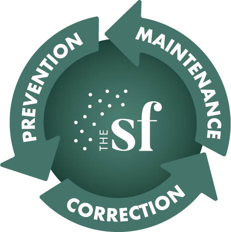 A circular logo with the words " prevention, maintenance and correction."